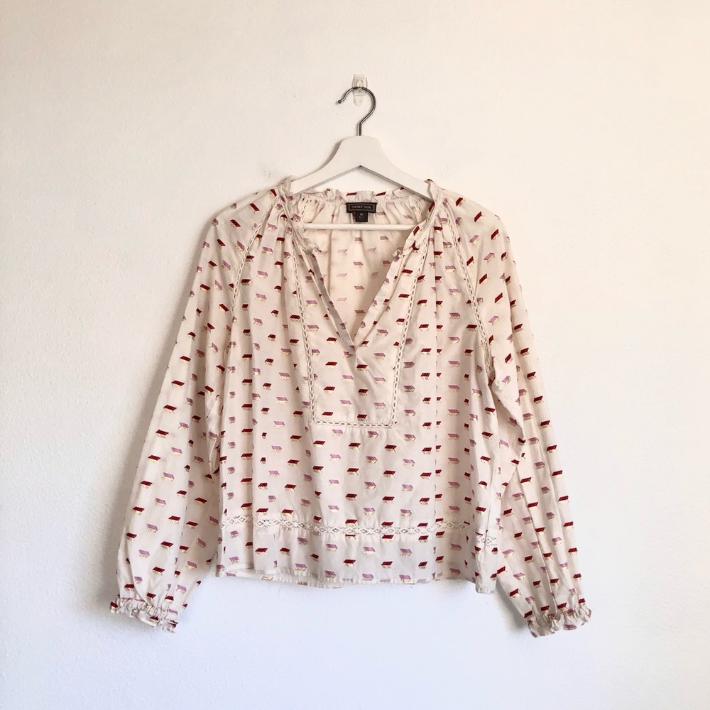J. Crew Point Sur Pink / Red / Gold Metallic Eyelet Popover Top Size Medium